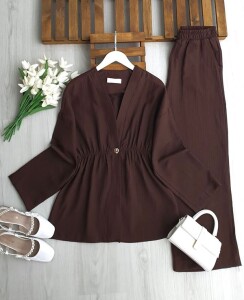 İLNED TEK DÜĞME BELİ LASTİKLİ CEKET MÜSLİM TAKIM 1731-37-KAHVE - 1