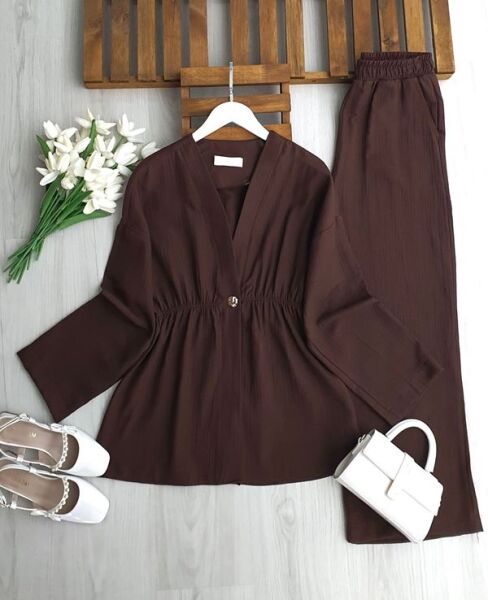 İLNED TEK DÜĞME BELİ LASTİKLİ CEKET MÜSLİM TAKIM 1731-37-KAHVE - 1