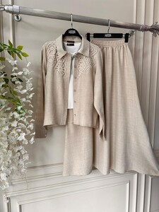 İLSE ÜST DANTEL KETEN ETEKLİ İKİLİ TAKIM B9-5-1461-34-BEJ - 