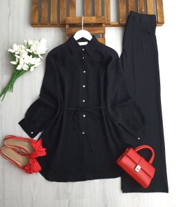 ILSNE KENDİNDEN PULLU BELİ İPLİ GÖMLEK TUNİK B1-4-5659-01-SİYAH - 1