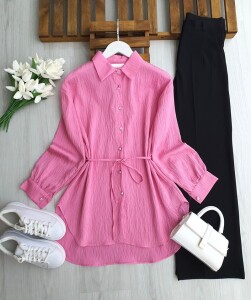 ILSNE KENDİNDEN PULLU BELİ İPLİ GÖMLEK TUNİK 5659-05-PUDRA - 