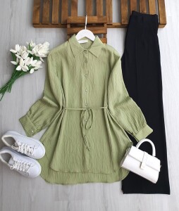 ILSNE KENDİNDEN PULLU BELİ İPLİ GÖMLEK TUNİK B1-4-5659-07-YEŞİL - 1