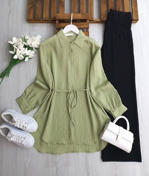 ILSNE KENDİNDEN PULLU BELİ İPLİ GÖMLEK TUNİK B1-4-5659-07-YEŞİL - 1