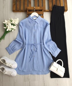 ILSNE KENDİNDEN PULLU BELİ İPLİ GÖMLEK TUNİK 5659-10-MAVİ - 