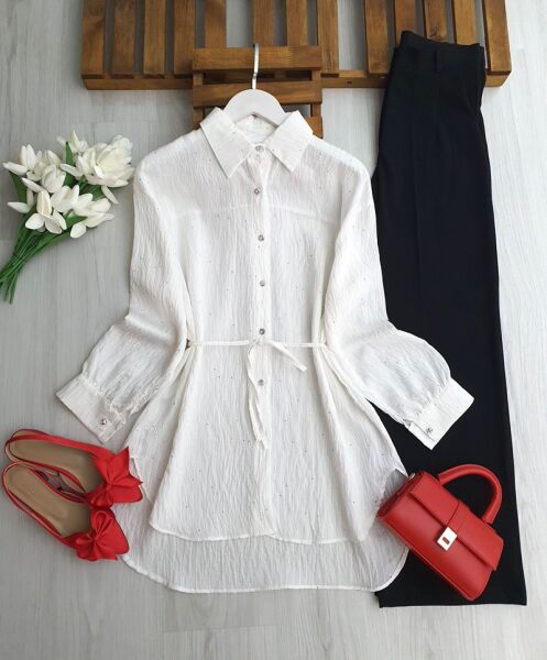 ILSNE KENDİNDEN PULLU BELİ İPLİ GÖMLEK TUNİK B1-4-5659-20-BEYAZ - 1