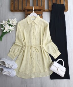 ILSNE KENDİNDEN PULLU BELİ İPLİ GÖMLEK TUNİK B1-4-5659-23-SARI - 1