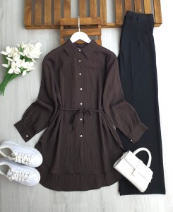 ILSNE KENDİNDEN PULLU BELİ İPLİ GÖMLEK TUNİK B1-4-5659-37-KAHVE - 
