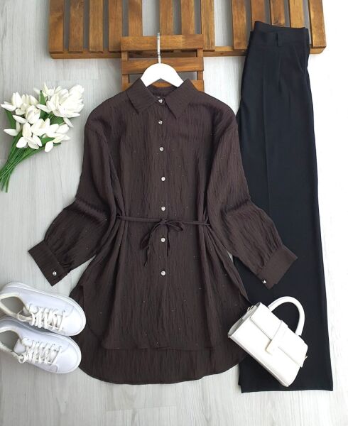 ILSNE KENDİNDEN PULLU BELİ İPLİ GÖMLEK TUNİK B1-4-5659-37-KAHVE - 1