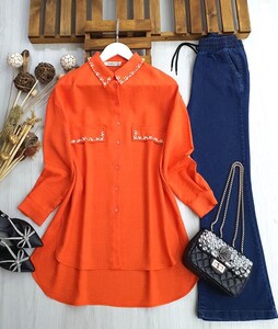 İPES İNCİLİ CEP KAPAKLI GÖMLEK TUNİK B8-5-23160-15-ORANJ - 