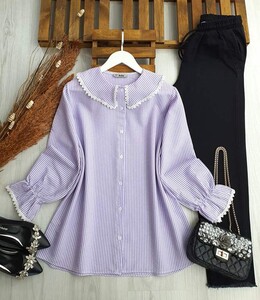 JALE DANTEL BEBE YAKA GÖMLEK TUNİK A6-3- 5442-32-LİLA - 