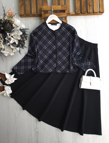 JAVSE ÖNÜ DÜĞMELİ EKOSE DESENLİ BİYELİ ETEKLİ TAKIM A6-5-1696-01-SİYAH - 1