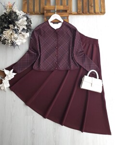 JAVSE ÖNÜ DÜĞMELİ EKOSE DESENLİ BİYELİ ETEKLİ TAKIM A6-5-1696-04-BORDO - 
