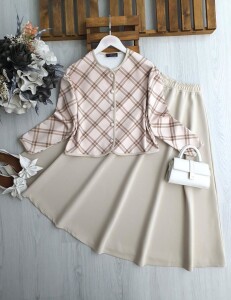 JAVSE ÖNÜ DÜĞMELİ EKOSE DESENLİ BİYELİ ETEKLİ TAKIM A6-5-1696-34-BEJ - 