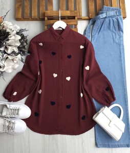 JINA KALP KABARTMALI MÜSLİM GÖMLEK TUNİK 5551-04-BORDO - 