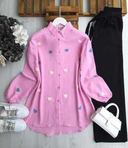 JINA KALP KABARTMALI MÜSLİM GÖMLEK TUNİK 5551-47-PEMBE - 