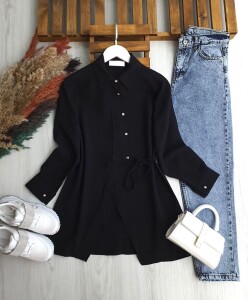 JUZE ÇAPRAZ DÜĞMELİ YAN BAĞCIKLI GÖMLEK TUNİK B1-4-5660-01-SİYAH - 1