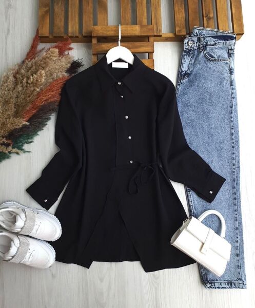 JUZE ÇAPRAZ DÜĞMELİ YAN BAĞCIKLI GÖMLEK TUNİK B1-4-5660-01-SİYAH - 1