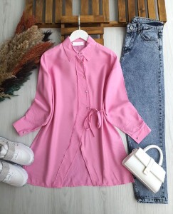 JUZE ÇAPRAZ DÜĞMELİ YAN BAĞCIKLI GÖMLEK TUNİK B1-4-5660-05-PUDRA - 