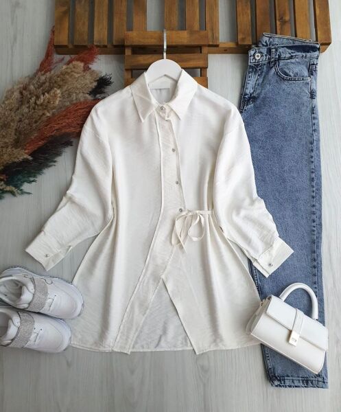 JUZE ÇAPRAZ DÜĞMELİ YAN BAĞCIKLI GÖMLEK TUNİK B1-4-5660-20-BEYAZ - 1