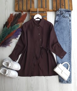 JUZE ÇAPRAZ DÜĞMELİ YAN BAĞCIKLI GÖMLEK TUNİK B1-4-5660-37-KAHVE - 1