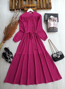 KABEL FIRFIRLI DÜĞMELİ ELBİSE C2-2231-28-FUŞYA - 