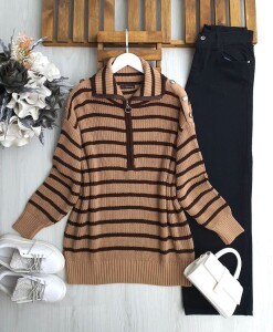 KAFC OMUZ DÜĞMELİ FERMUARLI KIVRIK YAKA TRİKO TUNİK B7-2-8177-48-BİSKÜVİ - 1