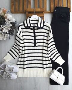 KAFC OMUZ DÜĞMELİ FERMUARLI KIVRIK YAKA TRİKO TUNİK B7-2-8177-50-KEMİK - 1