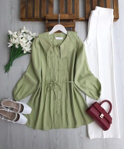 KAHD BEBE YAKA ÖN PİLİSELİ SALAŞ GÖMLEK TUNİK B6-4-5680-07-YEŞİL - 