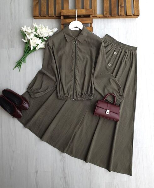 KALBES ÖNÜ FERMUARLI ETEK SÜS DÜĞMELİ İKİLİ TAKIM B3-2-1712-09-HAKİ - 1