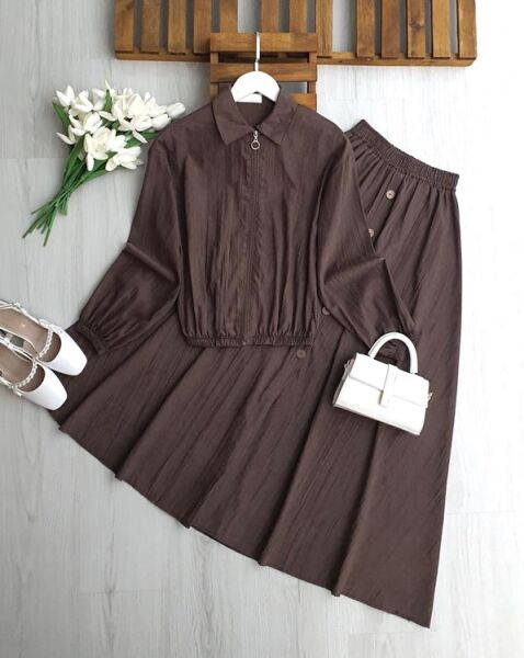 KALBES ÖNÜ FERMUARLI ETEK SÜS DÜĞMELİ İKİLİ TAKIM B3-2-1712-37-KAHVE - 1