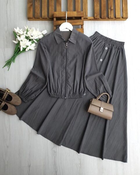 KALBES ÖNÜ FERMUARLI ETEK SÜS DÜĞMELİ İKİLİ TAKIM B3-2-1712-58-FÜME - 1