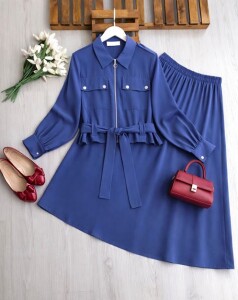 KALN ÖNÜ FERMUARLI KEMERLİ ETEKLİ TAKIM A3-1-1709-11-İNDİGO - 1