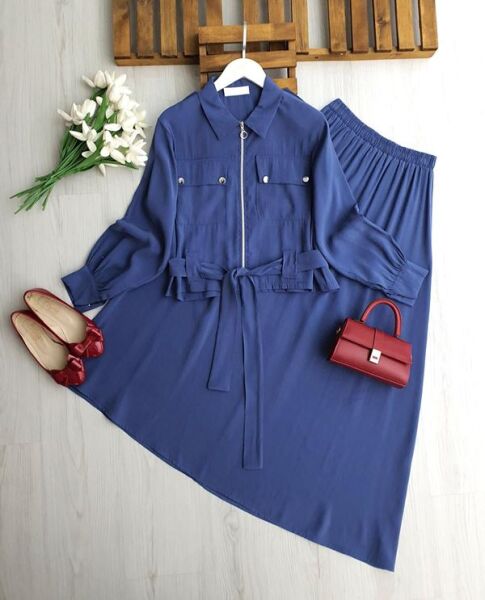 KALN ÖNÜ FERMUARLI KEMERLİ ETEKLİ TAKIM 1709-11-İNDİGO - 1