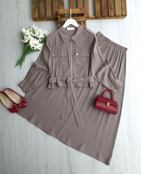 KALN ÖNÜ FERMUARLI KEMERLİ ETEKLİ TAKIM 1709-25-VİZON - 1