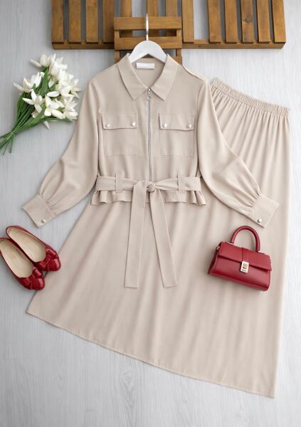 KALN ÖNÜ FERMUARLI KEMERLİ ETEKLİ TAKIM A3-1-1709-34-BEJ - 1