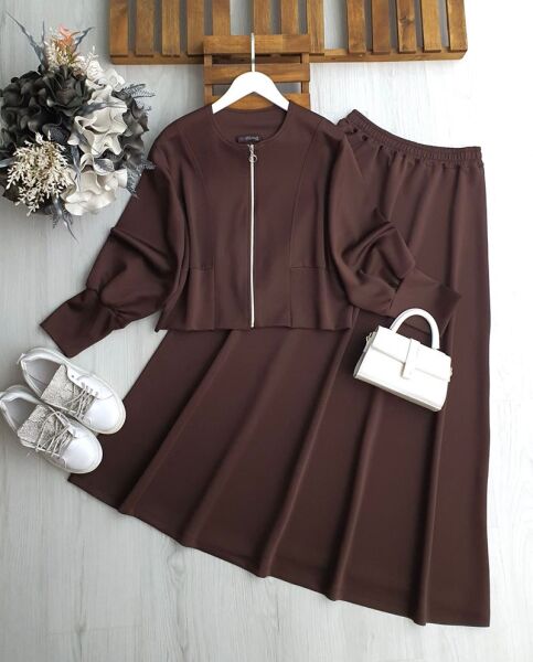 KALYEL MANŞETLİ BALON KOL ETEKLİ TAKIM A5-5-1699-37-KAHVE - 1