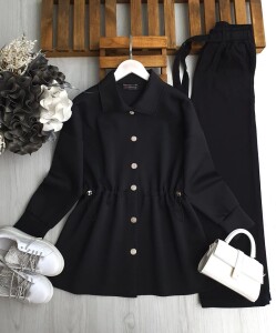 KAML BÜZGÜ LASTİK BEL ÖNÜ DÜĞMELİ TUNİK A5-3-5647-01-SİYAH - 