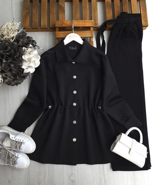 KAML BÜZGÜ LASTİK BEL ÖNÜ DÜĞMELİ TUNİK A5-3-5647-01-SİYAH - 1