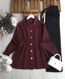 KAML BÜZGÜ LASTİK BEL ÖNÜ DÜĞMELİ TUNİK A5-3-5647-04-BORDO - 