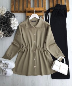 KAML BÜZGÜ LASTİK BEL ÖNÜ DÜĞMELİ TUNİK A5-5-5647-09-HAKİ - 