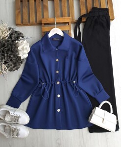 KAML BÜZGÜ LASTİK BEL ÖNÜ DÜĞMELİ TUNİK A5-5-5647-12-LACİVERT - 