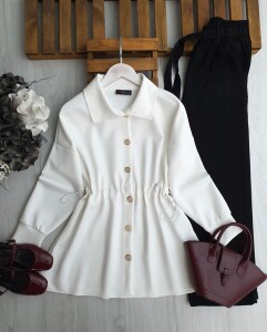 KAML BÜZGÜ LASTİK BEL ÖNÜ DÜĞMELİ TUNİK A5-5-5647-20-BEYAZ - 