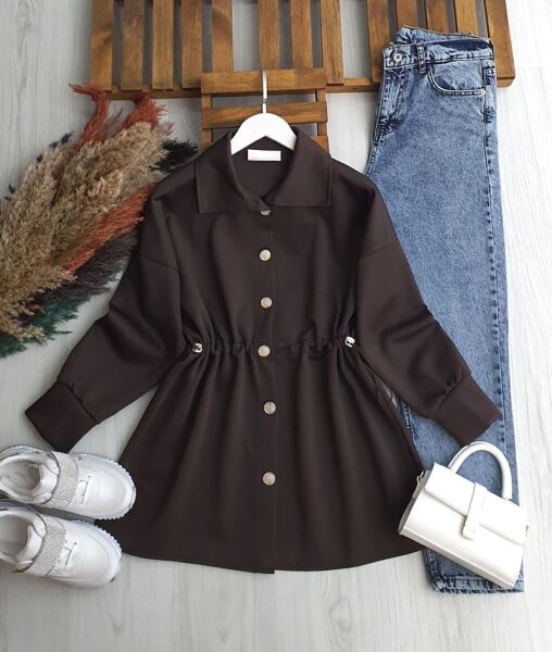 KAML BÜZGÜ LASTİK BEL ÖNÜ DÜĞMELİ TUNİK B7-4 5647-37-KAHVE - 1