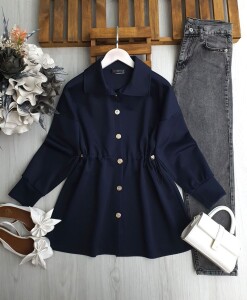 KAML BÜZGÜ LASTİK BEL ÖNÜ DÜĞMELİ TUNİK 5647-90-KOYU LACİVERT - 