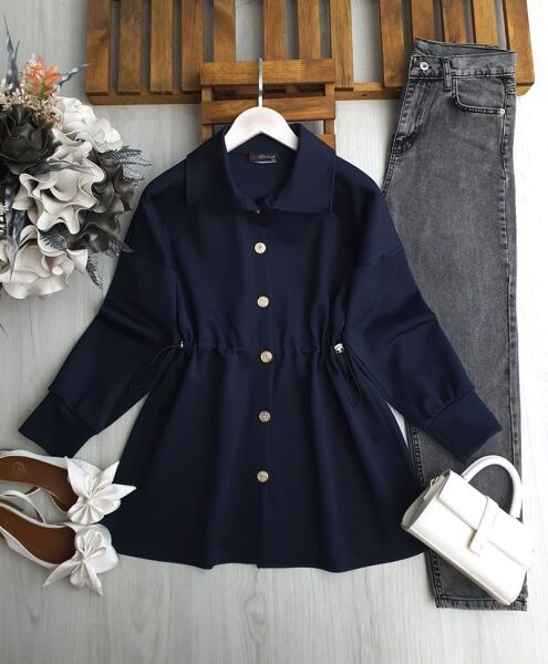 KAML BÜZGÜ LASTİK BEL ÖNÜ DÜĞMELİ TUNİK 5647-90-KOYU LACİVERT - 1