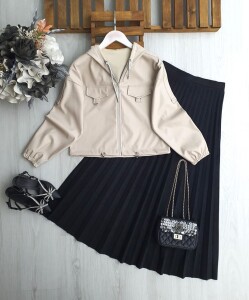 KANBE HALKA CEP KAPAKLI FERMUARLI KAPŞONLU KISA DERİ CEKET 3216-34-BEJ - 1