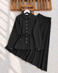 KANED PEPLUM DİKİŞLİ BELİ İPLİ ETEKLİ TAKIM 10006-01-SİYAH 