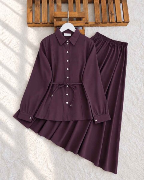 KANED PEPLUM DİKİŞLİ BELİ İPLİ ETEKLİ TAKIM 10006-04-BORDO - 1