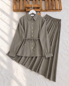 KANED PEPLUM DİKİŞLİ BELİ İPLİ ETEKLİ TAKIM 10006-09-HAKİ 