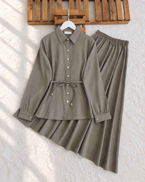 KANED PEPLUM DİKİŞLİ BELİ İPLİ ETEKLİ TAKIM 10006-09-HAKİ - 1